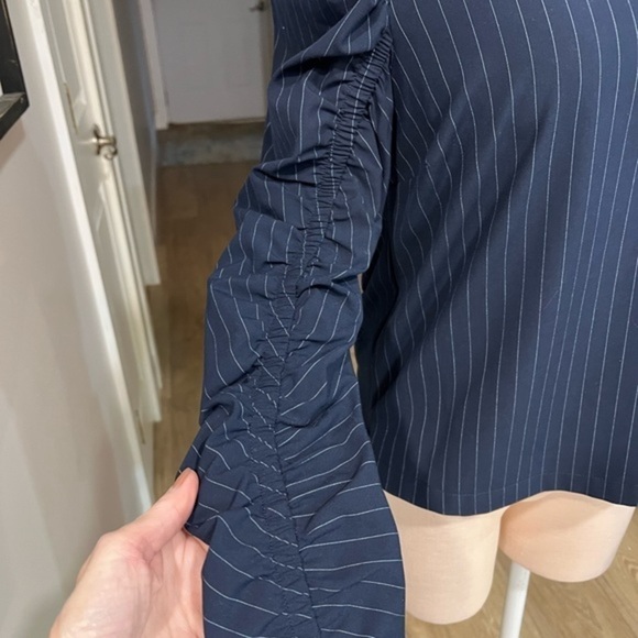 Zara Woman, Juliet Navy Striped Shirt with Ruched Sleeves - Picture 3 of 12
